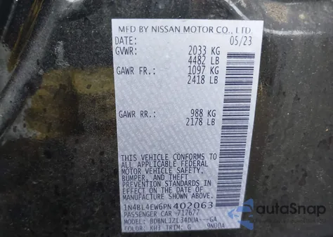 2023 Nissan Altima Sl Intelligent Awd from USA, damaged, VIN 1N4BL4EW6PN402063